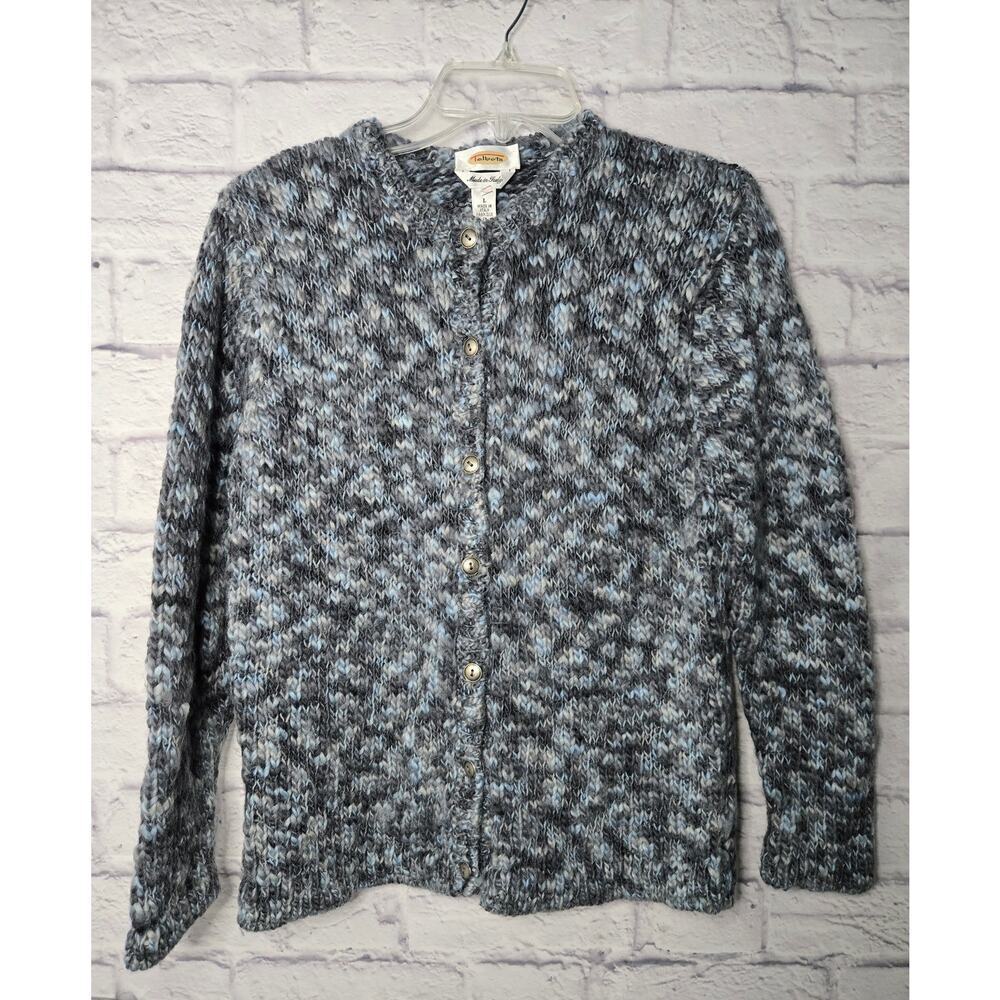 Talbots Large blue gray 100% wool chunky button cardigan sweater Italy.